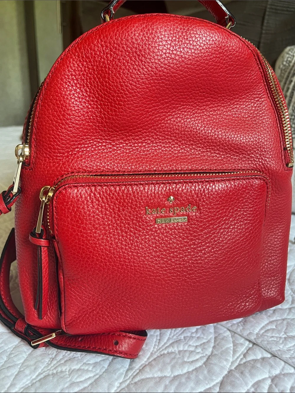 kate spade red pebbled leather mini backpack with gold hardware
